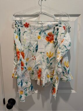 Women's High Waist Floral Shorts - White with Orange & Yellow Blooms